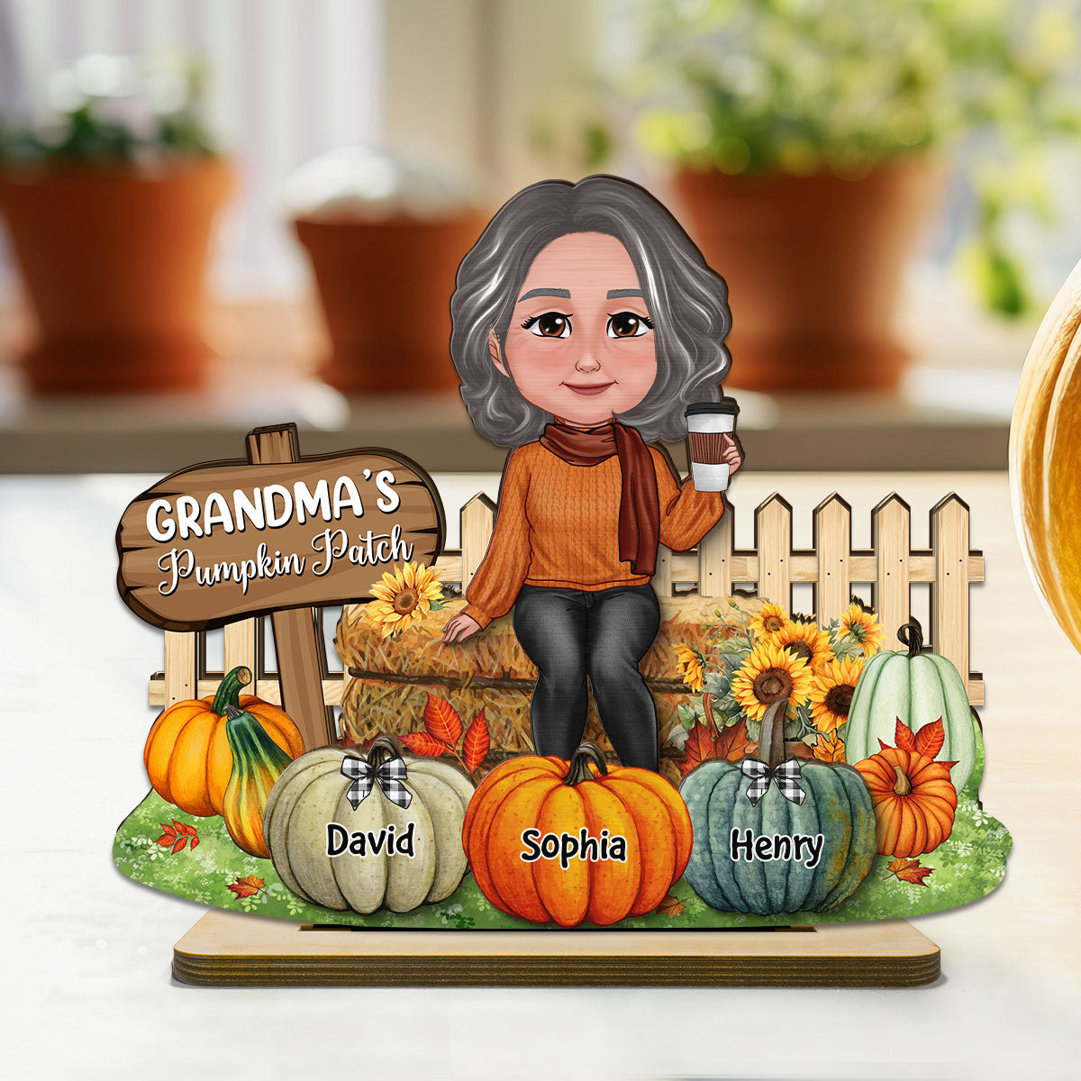 Grandma's Pumpkin Patch Fall Season Tier Tray Decor Personalized 2-Layer Standing Wooden Plaque