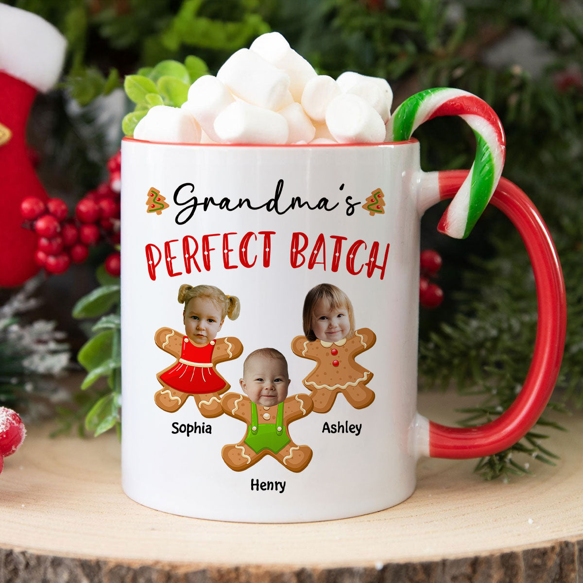 Grandma's Perfect Batch Cute Grandkids Photo Gingerbread Christmas Personalized Mug