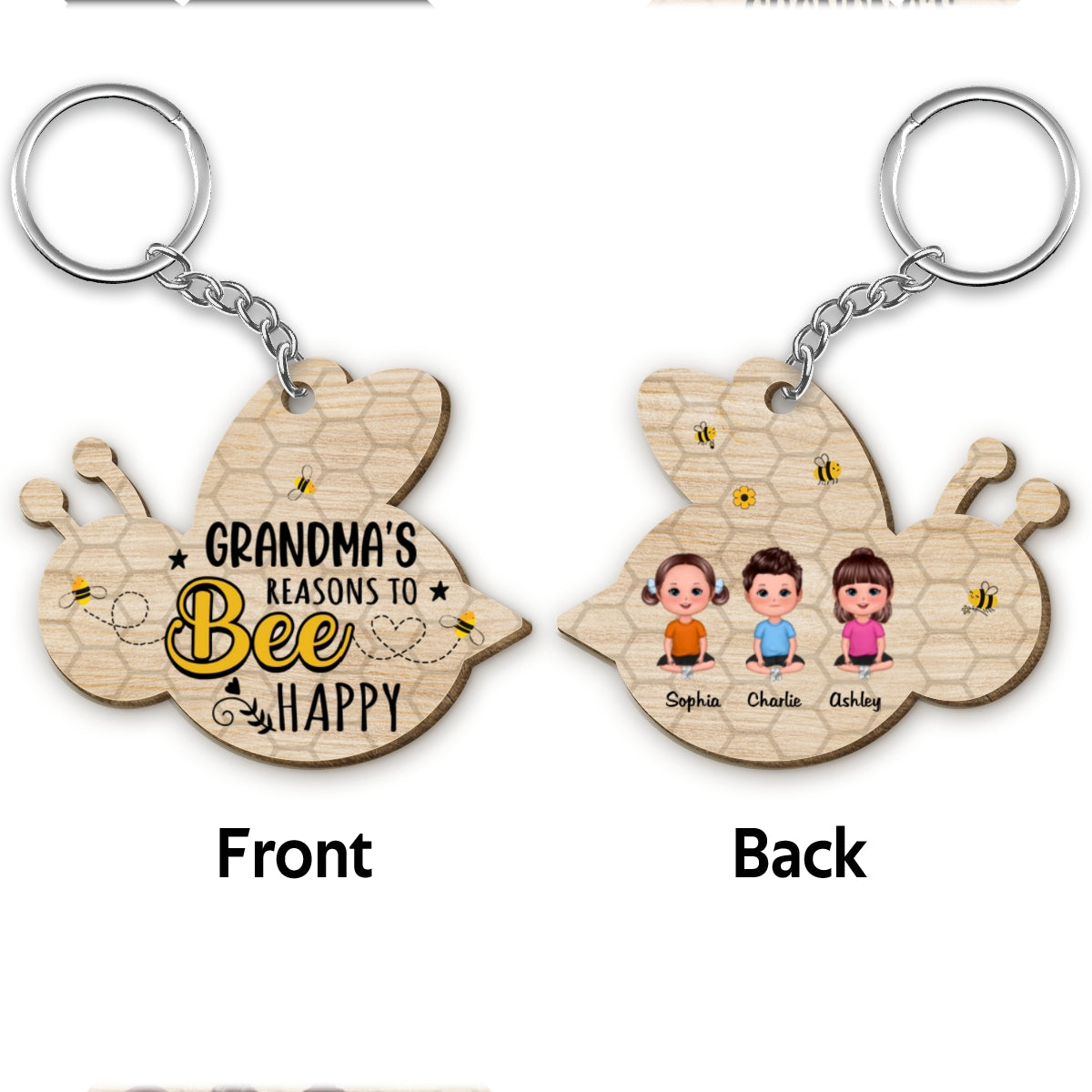 Grandma¡®s Reasons To Bee Happy Personalized Wooden Keychain