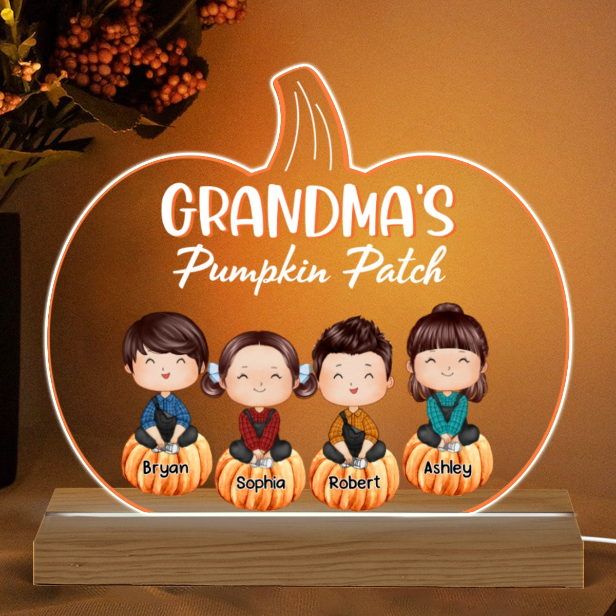 Grandma¡®s Pumpkin Patch Watercolor Cute Kids Fall Season Gift Personalized Pumpkin Shaped Acrylic Plaque With Warm LED Night Light